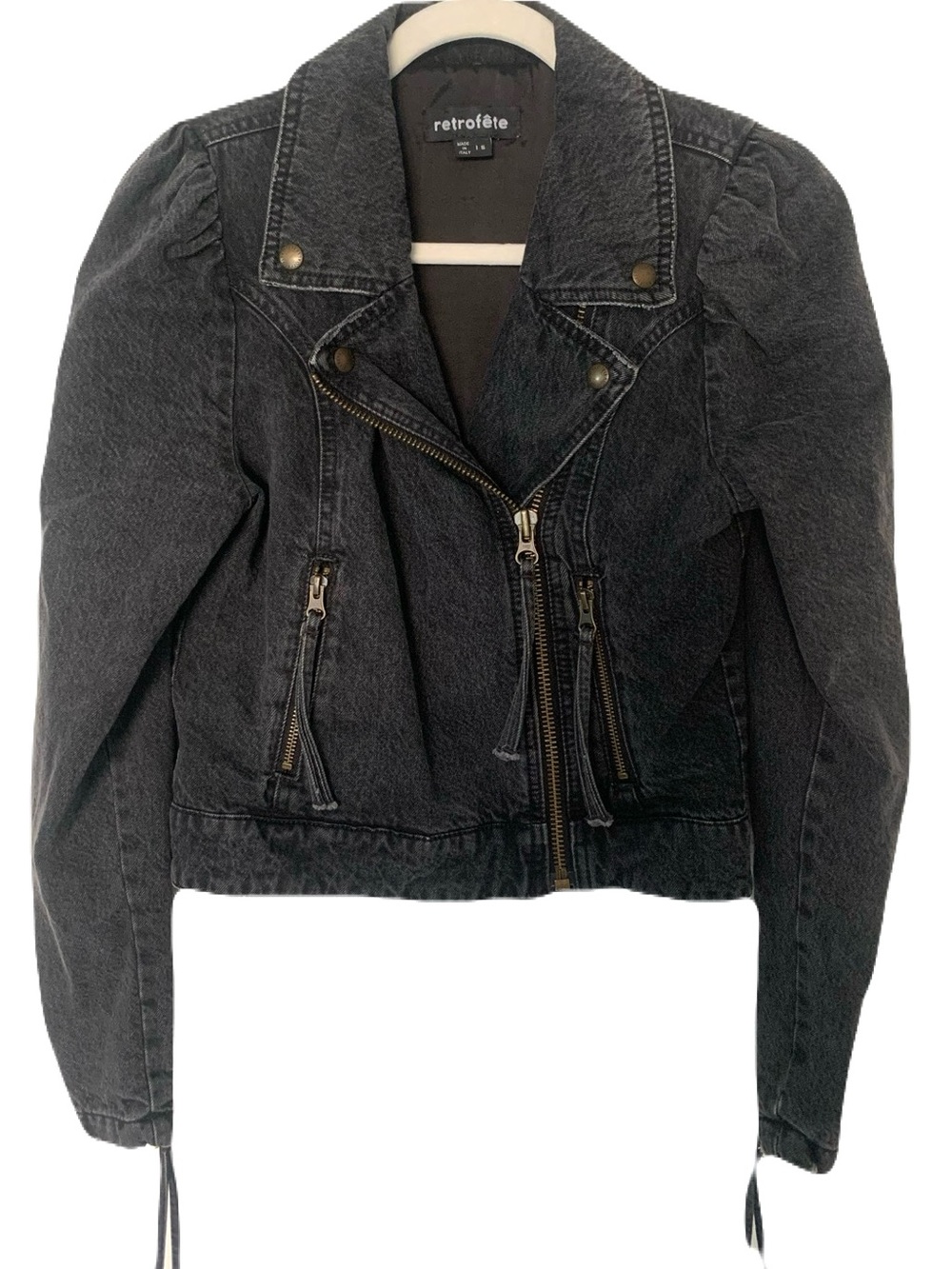 Revolve Retrofete Small Black Washed Denim Puff-Shoulder Moto Jacket Cropped